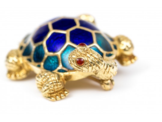 Hidalgo 18k Yellow Gold Charming Blue Enamel Turtle Brooch