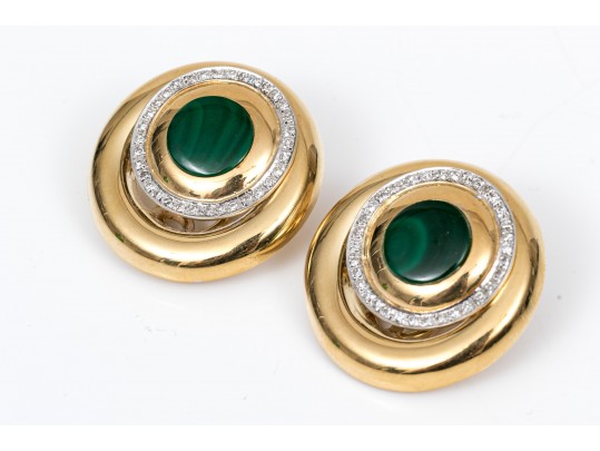 A Pair Of Vintage 18K Diamond And Malachite Ear Clips