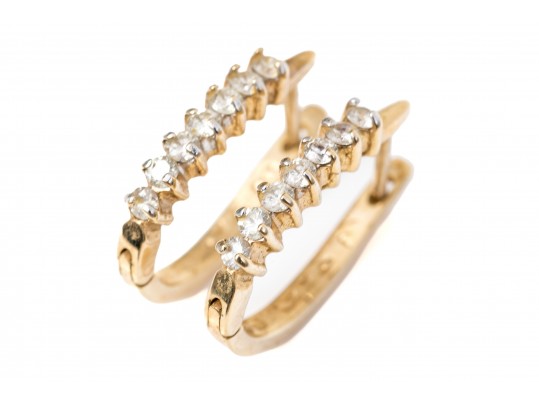 14k Yellow Gold Classic Hoop Earrings, Diamond Set, Approximately 0.21 TCW