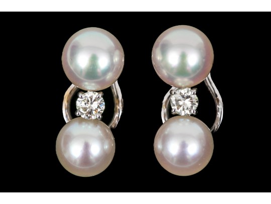 18k White Gold Tailored Cultured Pearl And Diamond Stack Earrings