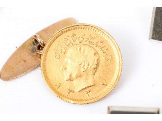 Three Pairs Of 18K And 14K Cufflinks With Gold Coins And Diamonds
