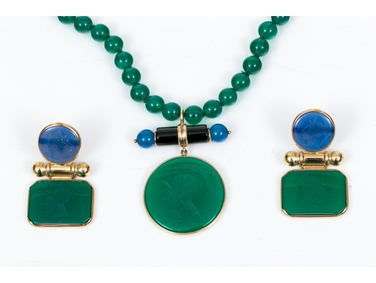 14k Yellow Gold Handsome Green And Blue Chalcedecony Earrings And Necklace Set