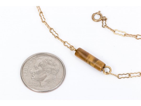 14K Link Chain Necklace With Tigers Eye Center