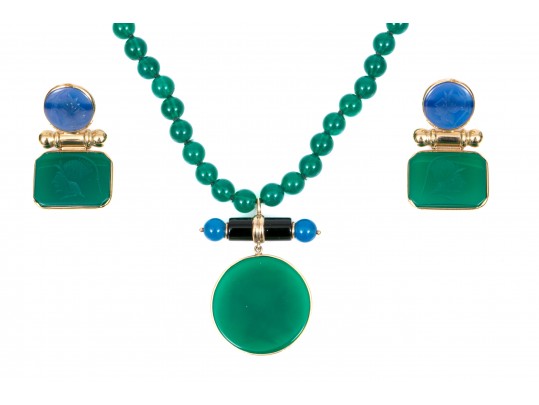 14k Yellow Gold Handsome Green And Blue Chalcedecony Earrings And Necklace Set
