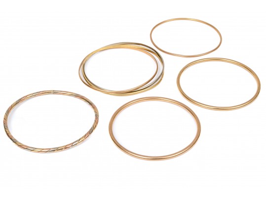 14k Yellow, White And Rose Gold Stack Of Five Slip On Bangles, Assorted Styles And Diameters