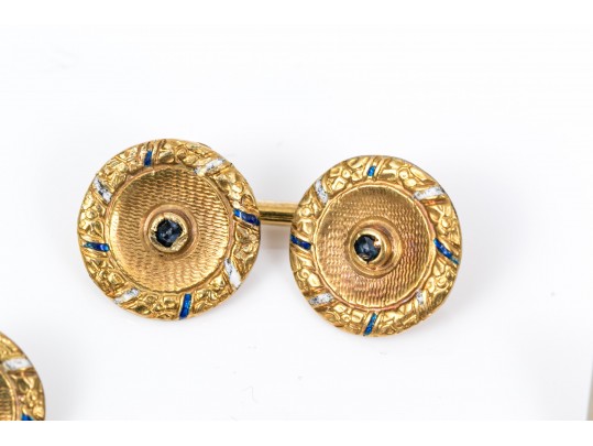 Three Pairs Of 18K And 14K Cufflinks With Gold Coins And Diamonds