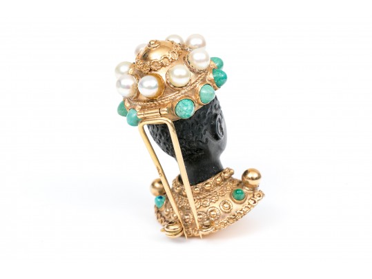 14k Yellow Gold Retro Cultured Pearl And Turquoise Blackamoor Brooch