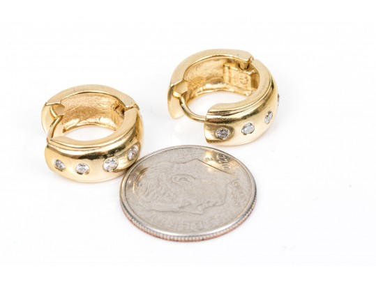 14k Yellow Gold Contemporary Huggie Style Hoop Earrings, Diamond Set, App. 0.16 TCW