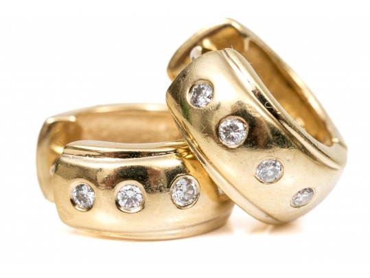 14k Yellow Gold Contemporary Huggie Style Hoop Earrings, Diamond Set, App. 0.16 TCW