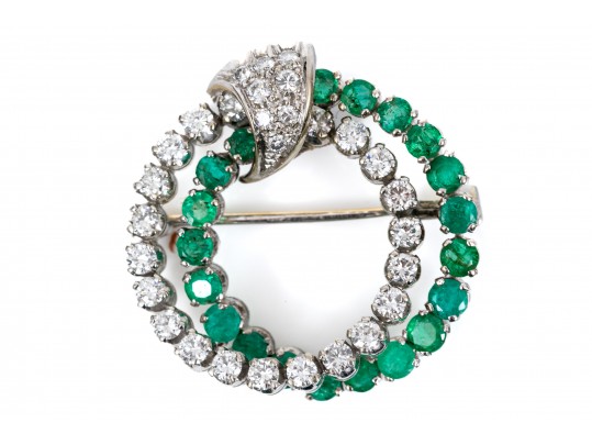 14k White Gold Fabulous Emerald And Diamond Double Circle Brooch