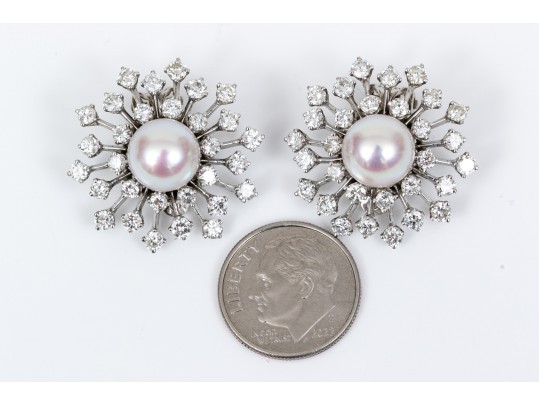 14k White Gold Stunning Cultured Pearl And Diamond Spray Earrings