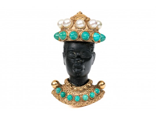 14k Yellow Gold Retro Cultured Pearl And Turquoise Blackamoor Brooch