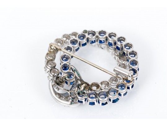 14k White Gold Wonderful Sapphire And Diamond Double Circle Brooch