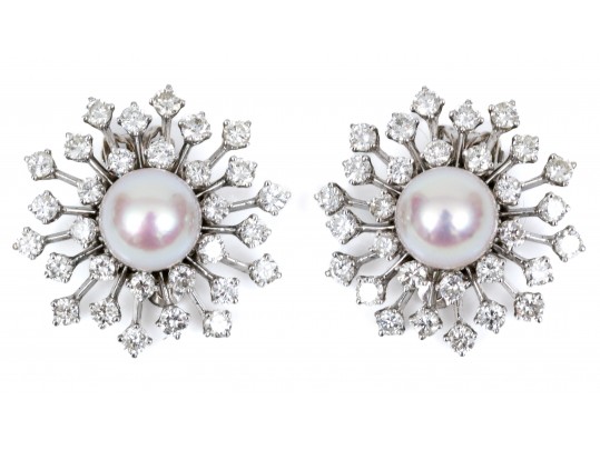14k White Gold Stunning Cultured Pearl And Diamond Spray Earrings