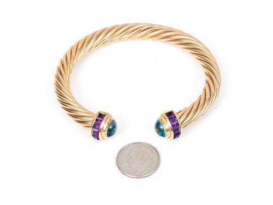 14k Yellow Gold Pretty Cable Cuff Bracelet, Set With Cabachon Blue Topaz And Square Amethyst Ends