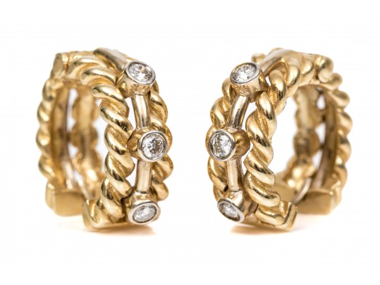 14k Yellow Gold Twisted Huggie Style Hoop Earrings, Diamond Set, Approximately 0.12 TCW