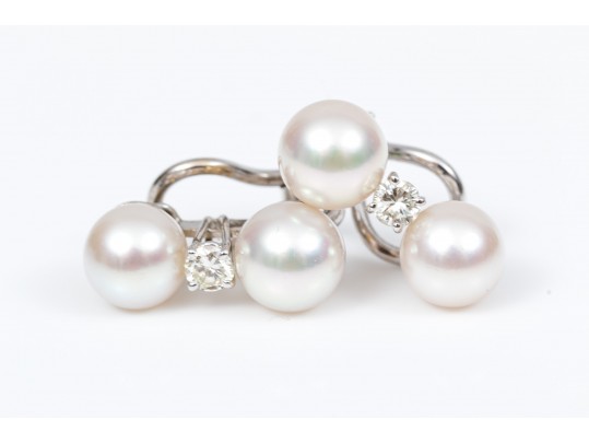 18k White Gold Tailored Cultured Pearl And Diamond Stack Earrings
