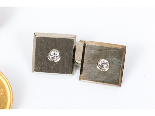 Three Pairs Of 18K And 14K Cufflinks With Gold Coins And Diamonds