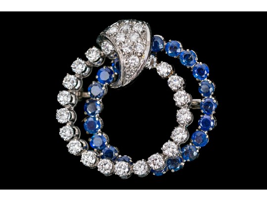 14k White Gold Wonderful Sapphire And Diamond Double Circle Brooch