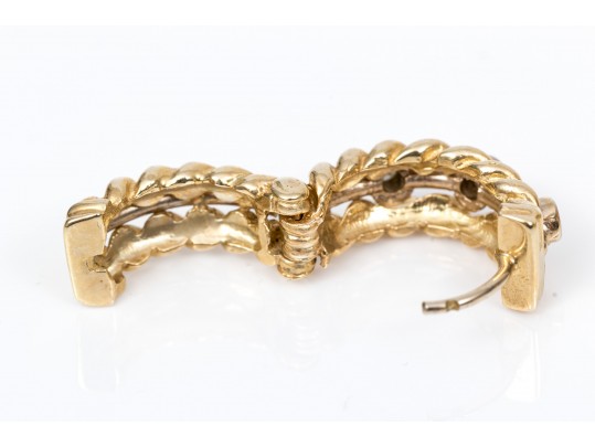 14k Yellow Gold Twisted Huggie Style Hoop Earrings, Diamond Set, Approximately 0.12 TCW