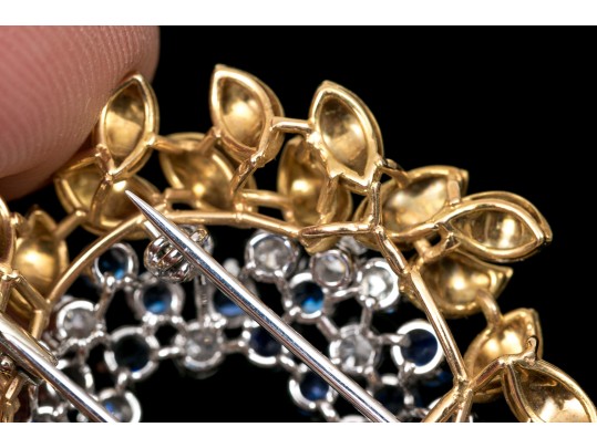 Spectacular 14k Gold Signed MIssiaglia Diamond And Sapphire Foliate Fur Clip