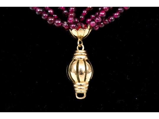 Pretty Eight Strand Garnet Bead Torsade Necklace, With A 14k Yellow Gold Ball Style Bead Clasp