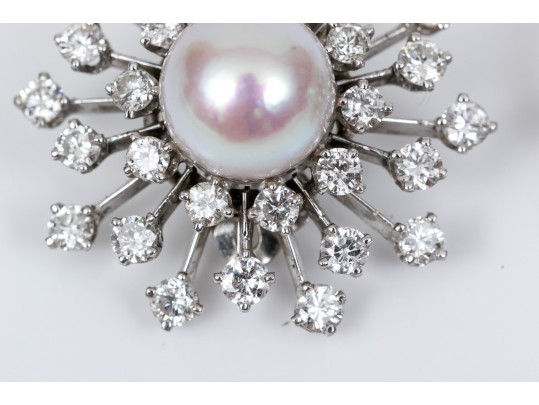 14k White Gold Stunning Cultured Pearl And Diamond Spray Earrings