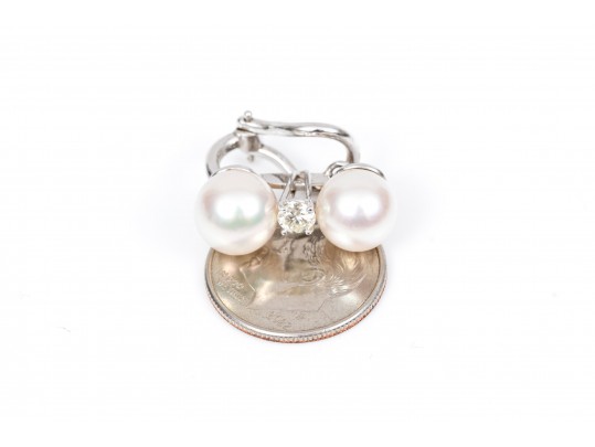 18k White Gold Tailored Cultured Pearl And Diamond Stack Earrings
