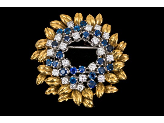 Spectacular 14k Gold Signed MIssiaglia Diamond And Sapphire Foliate Fur Clip