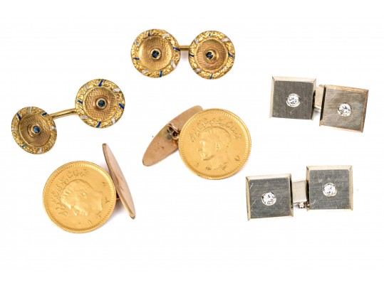 Three Pairs Of 18K And 14K Cufflinks With Gold Coins And Diamonds
