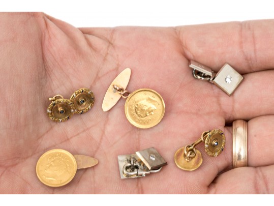 Three Pairs Of 18K And 14K Cufflinks With Gold Coins And Diamonds