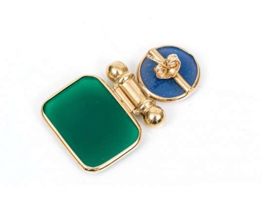 14k Yellow Gold Handsome Green And Blue Chalcedecony Earrings And Necklace Set