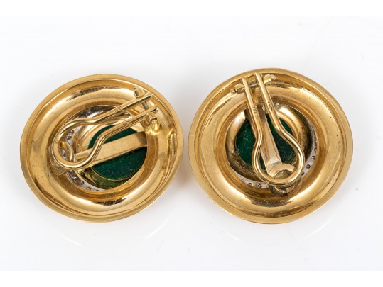 A Pair Of Vintage 18K Diamond And Malachite Ear Clips