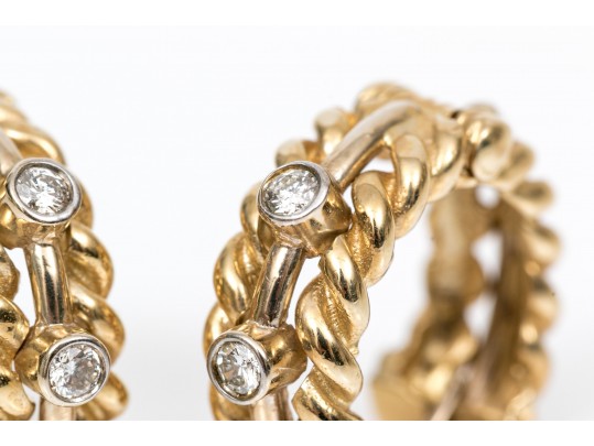 14k Yellow Gold Twisted Huggie Style Hoop Earrings, Diamond Set, Approximately 0.12 TCW