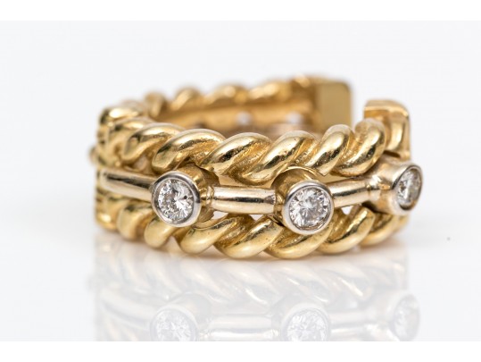 14k Yellow Gold Twisted Huggie Style Hoop Earrings, Diamond Set, Approximately 0.12 TCW