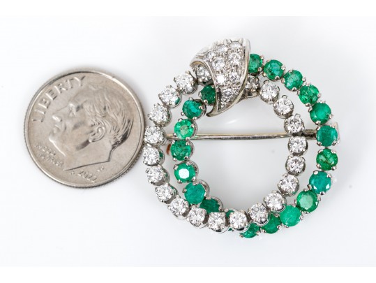 14k White Gold Fabulous Emerald And Diamond Double Circle Brooch