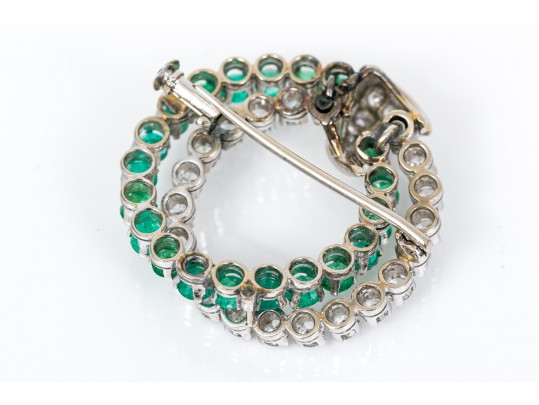 14k White Gold Fabulous Emerald And Diamond Double Circle Brooch