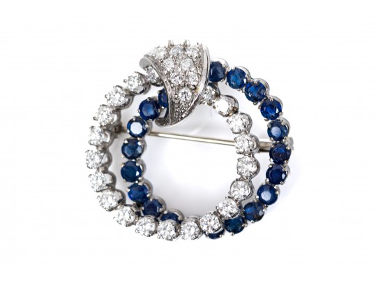 14k White Gold Wonderful Sapphire And Diamond Double Circle Brooch