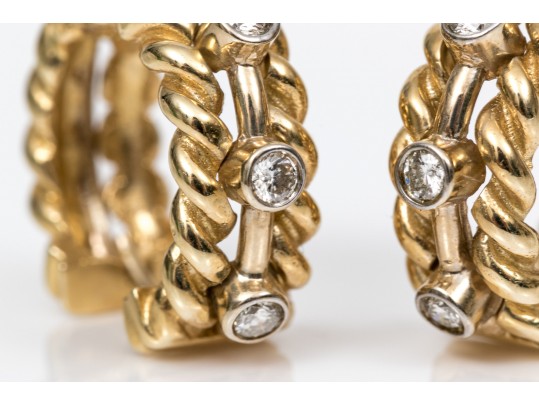 14k Yellow Gold Twisted Huggie Style Hoop Earrings, Diamond Set, Approximately 0.12 TCW