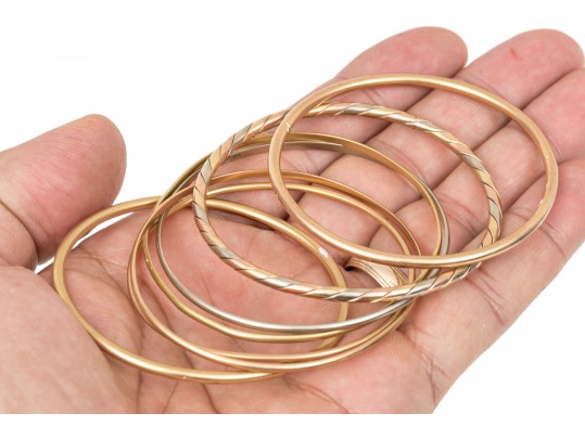 14k Yellow, White And Rose Gold Stack Of Five Slip On Bangles, Assorted Styles And Diameters