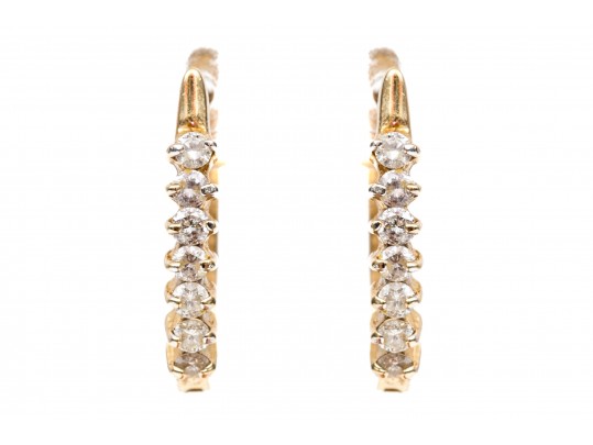 14k Yellow Gold Classic Hoop Earrings, Diamond Set, Approximately 0.21 TCW