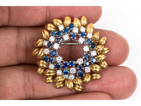 Spectacular 14k Gold Signed MIssiaglia Diamond And Sapphire Foliate Fur Clip