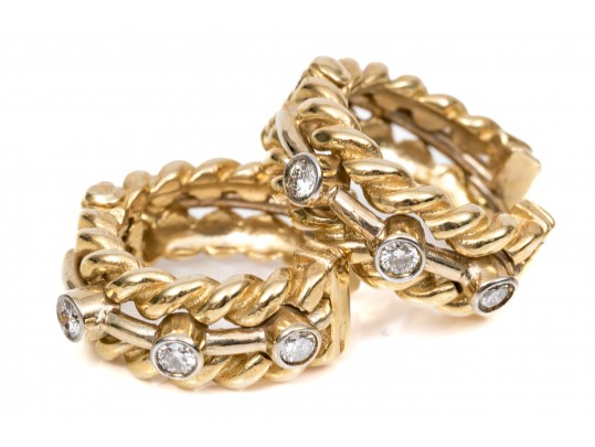 14k Yellow Gold Twisted Huggie Style Hoop Earrings, Diamond Set, Approximately 0.12 TCW