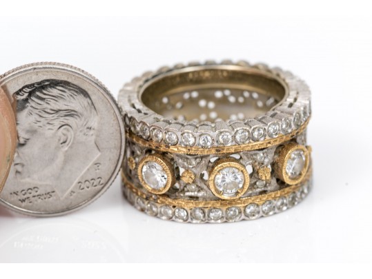 18K White Gold And Diamond Wide Elegant Band Ring, Size 5.25