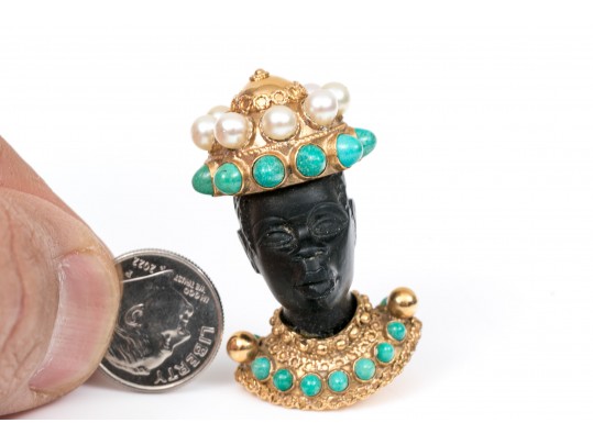 14k Yellow Gold Retro Cultured Pearl And Turquoise Blackamoor Brooch
