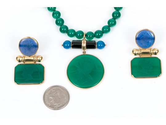 14k Yellow Gold Handsome Green And Blue Chalcedecony Earrings And Necklace Set