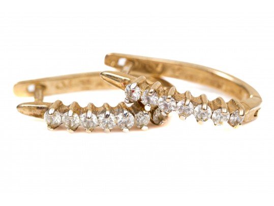 14k Yellow Gold Classic Hoop Earrings, Diamond Set, Approximately 0.21 TCW