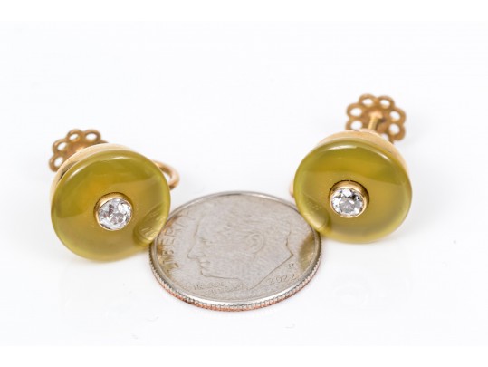 14k Yellow Gold Vintage Bakelite And Diamond Set Earrings, App. 0.28 TCW, Screw Style Backs