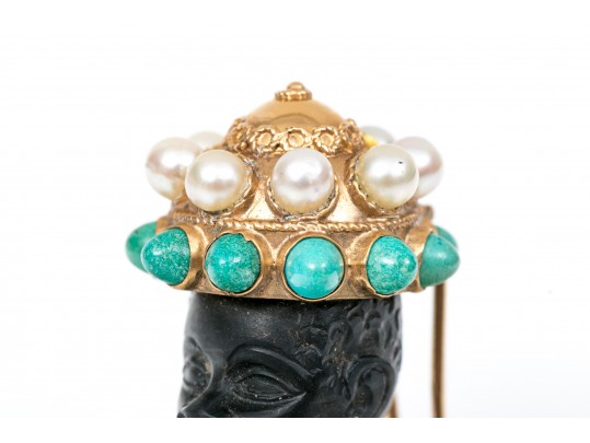 14k Yellow Gold Retro Cultured Pearl And Turquoise Blackamoor Brooch