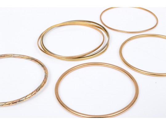 14k Yellow, White And Rose Gold Stack Of Five Slip On Bangles, Assorted Styles And Diameters